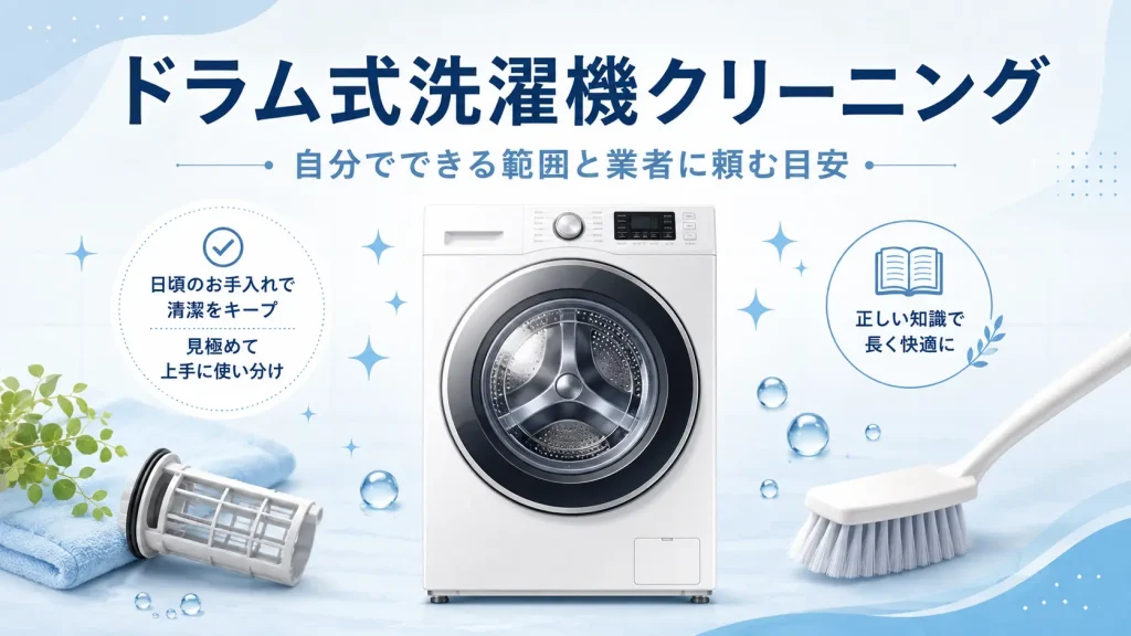 ドラム式洗濯機クリーニングで自分でできる範囲と業者に頼む目安を解説する記事のアイキャッチ