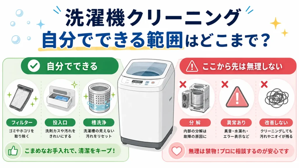 洗濯機クリーニングを自分でする範囲とDIYをやめる目安を示すイメージ